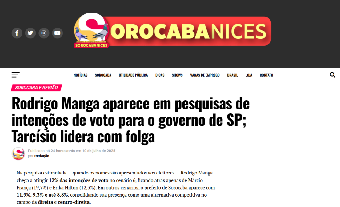 Sorocabanices cita pesquisa realizada pela Paraná Pesquisas no Estado de São Paulo.