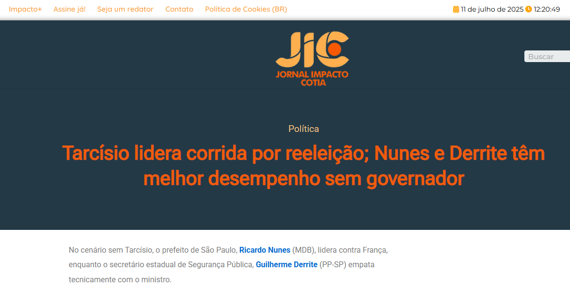 Jornal Impacto Cotia cita pesquisa realizada pela Paraná Pesquisas no Estado de São Paulo.