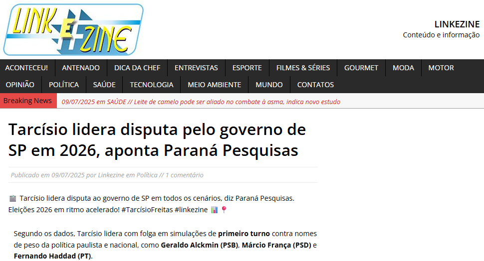 Linkezine cita pesquisa realizada pela Paraná Pesquisas no Estado de São Paulo.