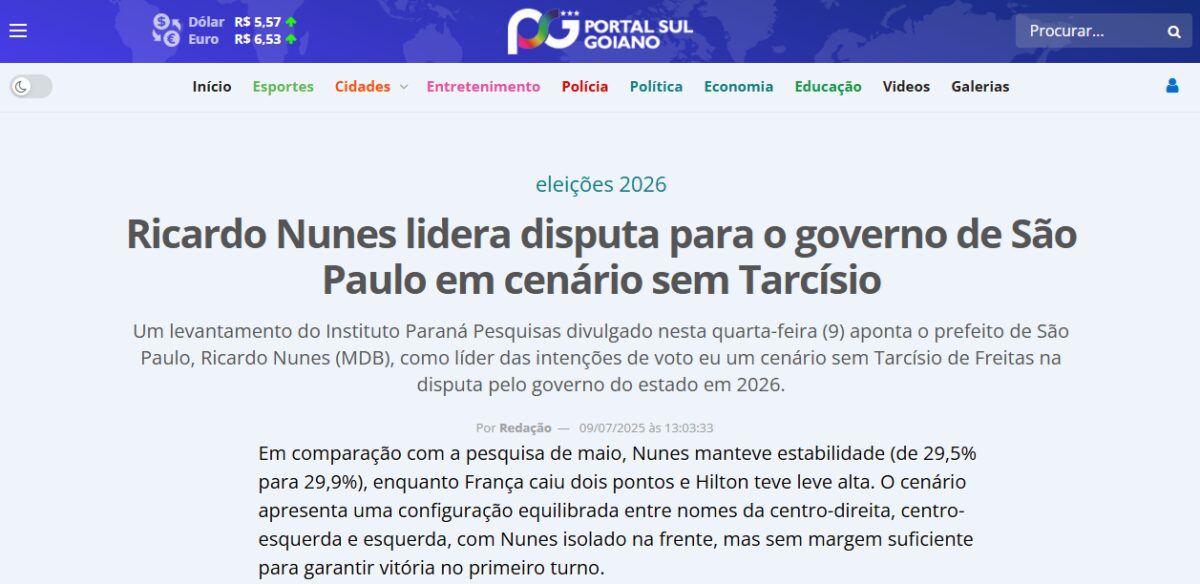 Portal Sul Goiano cita pesquisa realizada pela Paraná Pesquisas no Estado de São Paulo. 2 Portal Sul Goiano cita pesquisa realizada pela Paraná Pesquisas no Estado de São Paulo.
