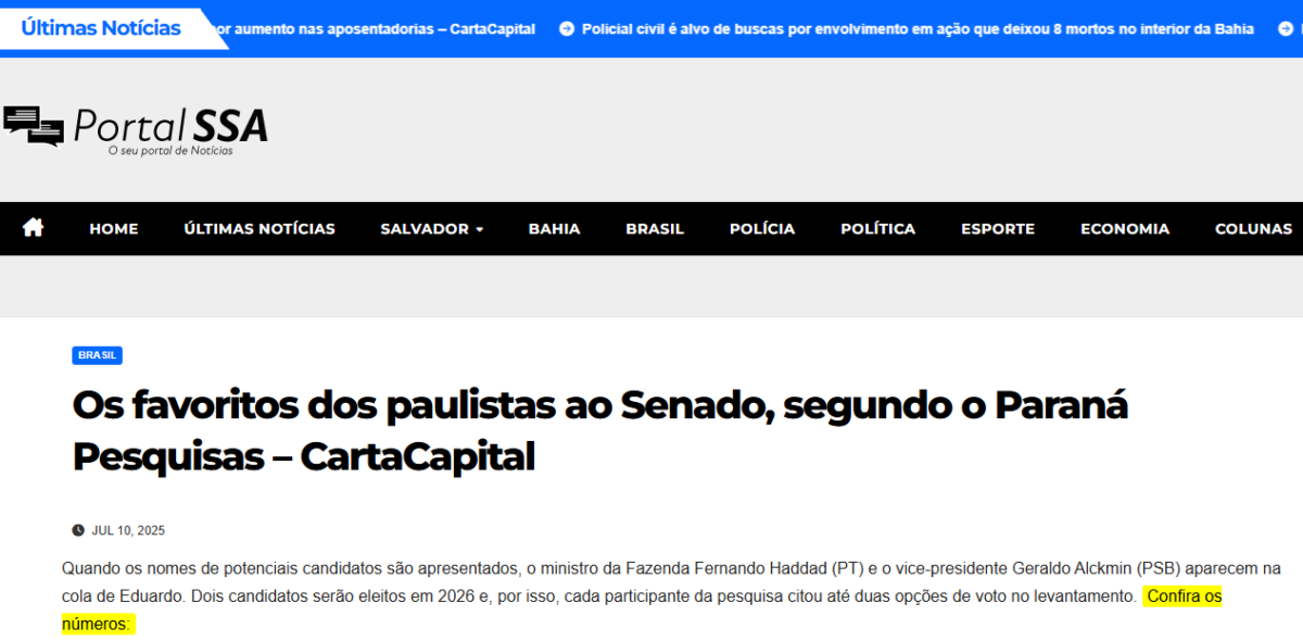 Portal SSA cita pesquisa realizada pela Paraná Pesquisas no Estado de São Paulo.