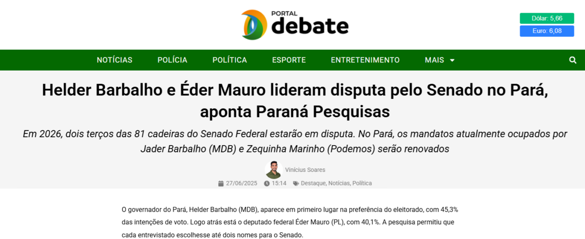 Portal Debate cita pesquisa realizada pela Paraná Pesquisas no Estado do Pará.