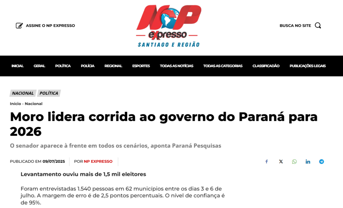 NP Expresso cita pesquisa realizada pela Paraná Pesquisas no Estado do Paraná.