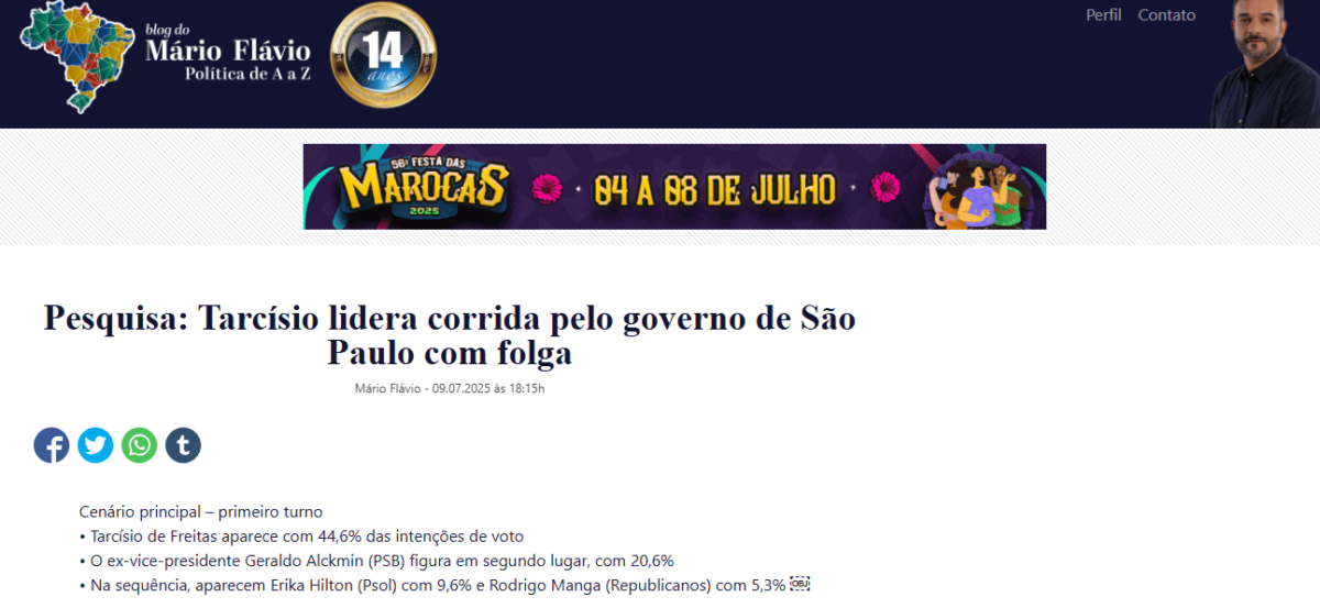 Blog Mário Flávio cita pesquisa realizada pela Paraná Pesquisas no Estado de São Paulo.