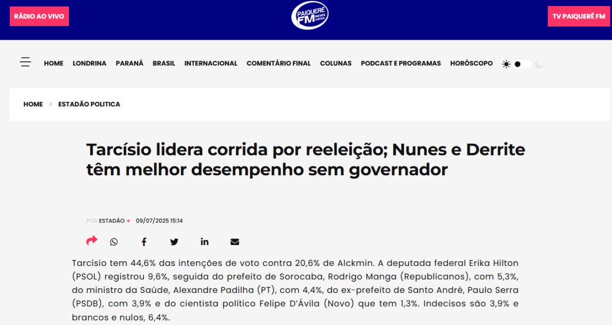 Paiquerê FM cita pesquisa realizada pela Paraná Pesquisas no Estado de São Paulo.