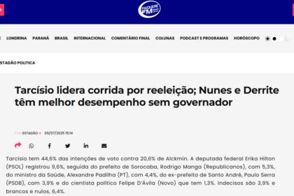 Paiquerê FM cita pesquisa realizada pela Paraná Pesquisas no Estado de São Paulo.