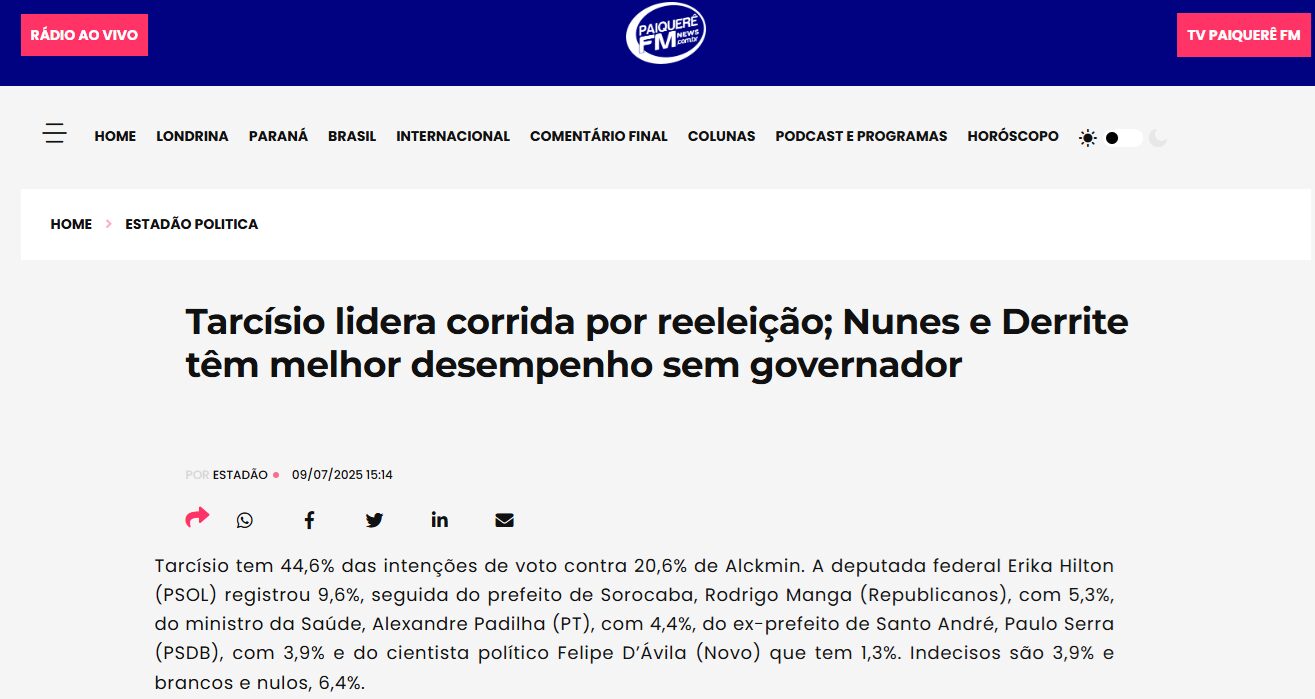 Paiquerê FM cita pesquisa realizada pela Paraná Pesquisas no Estado de São Paulo.