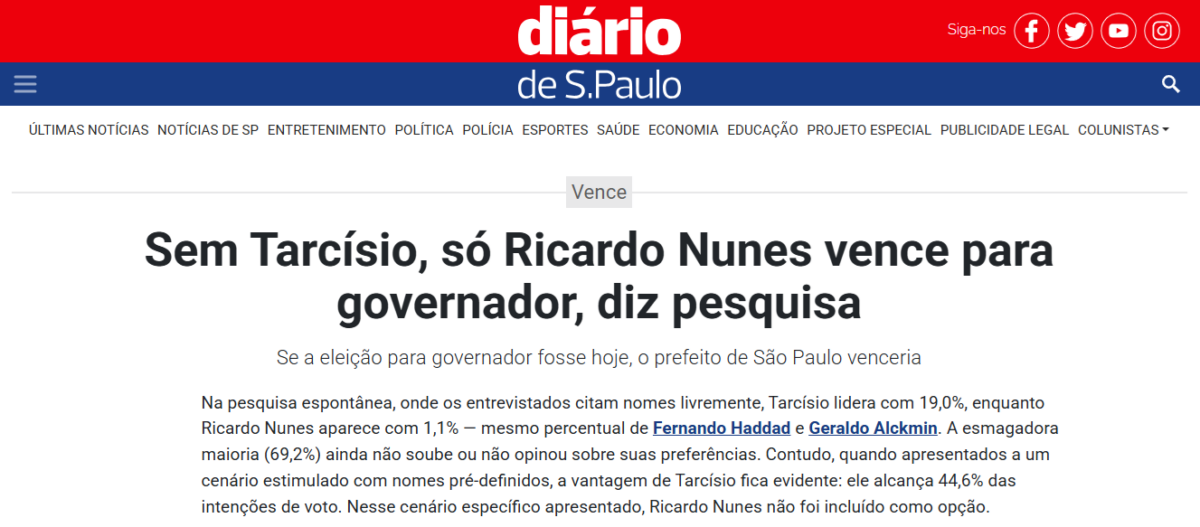 Diário de São Paulo cita pesquisa realizada pela Paraná Pesquisas no Estado de São Paulo.