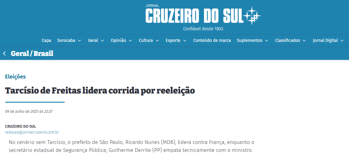 Cruzeiro do Sul cita pesquisa realizada pela Paraná Pesquisas no Estado de São Paulo.