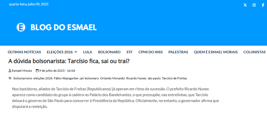 Blog do Esmael cita pesquisa realizada pela Paraná Pesquisas no Estado de São Paulo.
