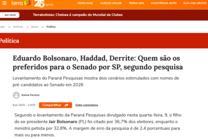 Portal Terra cita pesquisa realizada pela Paraná Pesquisas no Estado de São Paulo.