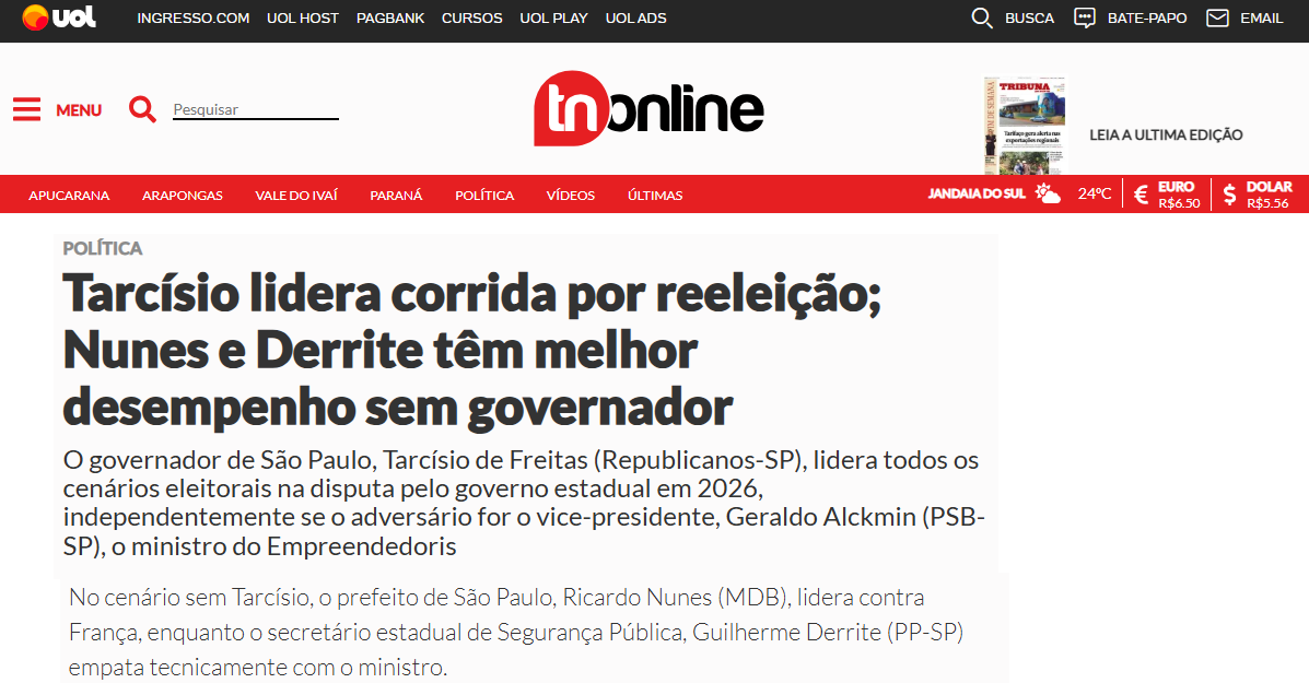 TN Online cita pesquisa realizada pela Paraná Pesquisas no Estado de São Paulo.