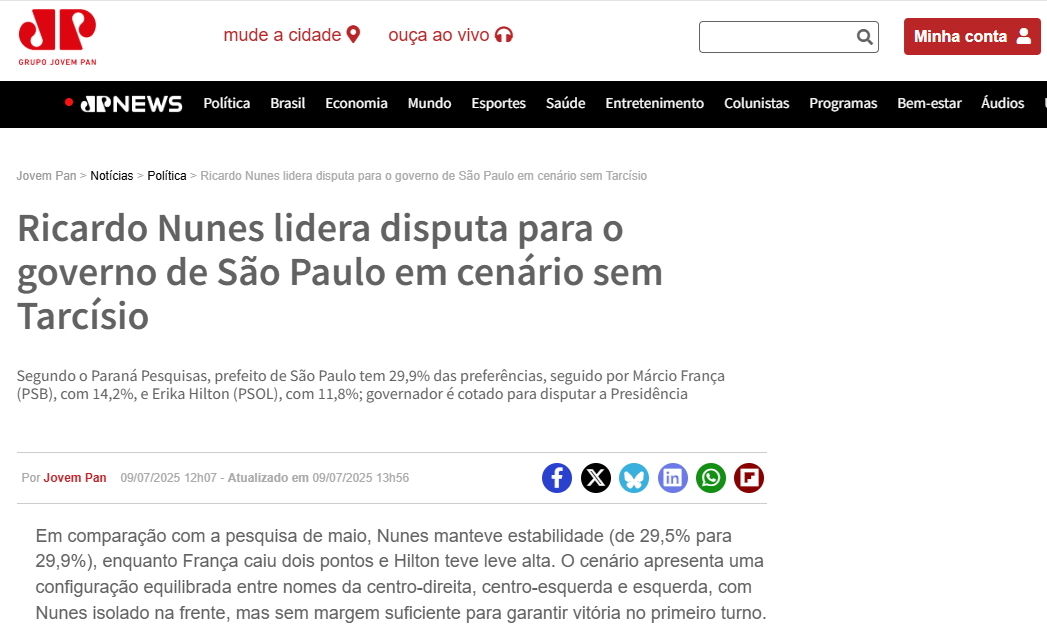 Jovem Pan cita pesquisa realizada pela Paraná Pesquisas no Estado de São Paulo.