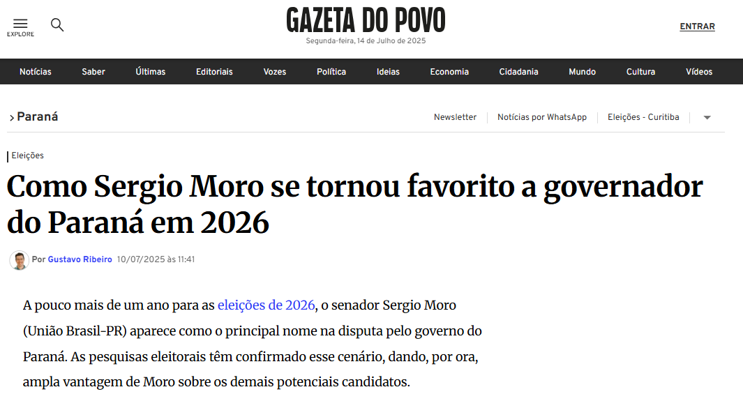 Gazeta do Povo cita pesquisa realizada pela Paraná Pesquisas no Estado do Paraná.