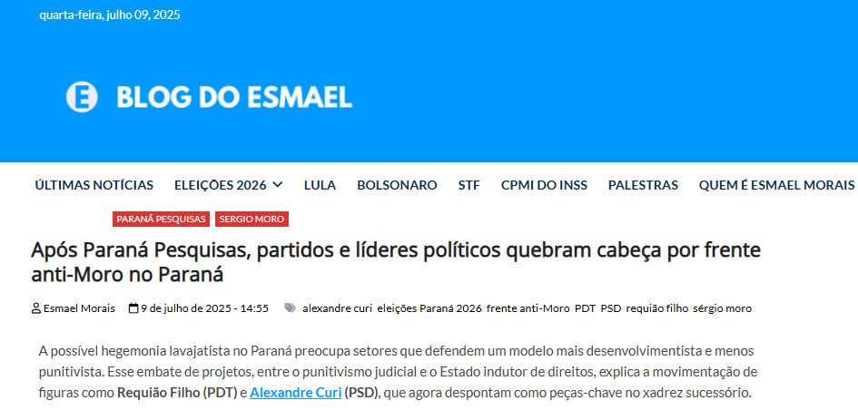 Blog do Esmael cita pesquisa realizada pela Paraná Pesquisas no Estado do Paraná.