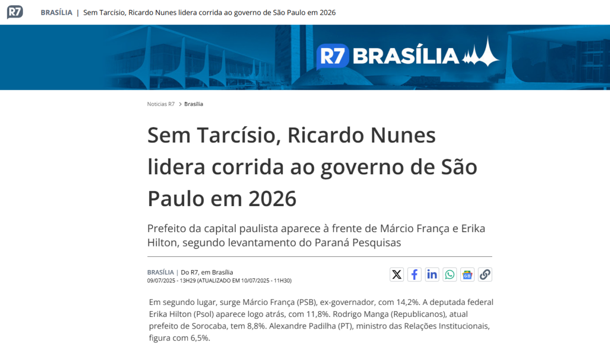 R7 Notícias cita pesquisa realizada pela Paraná Pesquisas no Estado de São Paulo. 2 R7 Notícias cita pesquisa realizada pela Paraná Pesquisas no Estado de São Paulo.