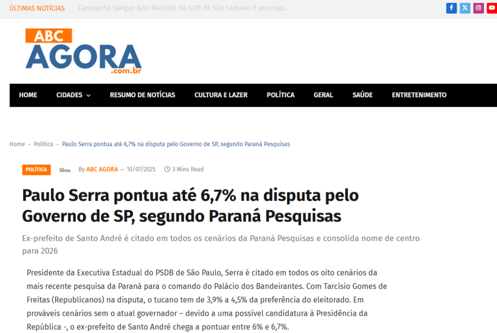 ABC Agora cita pesquisa realizada pela Paraná Pesquisas no Estado de São Paulo. 2 ABC Agora cita pesquisa realizada pela Paraná Pesquisas no Estado de São Paulo.