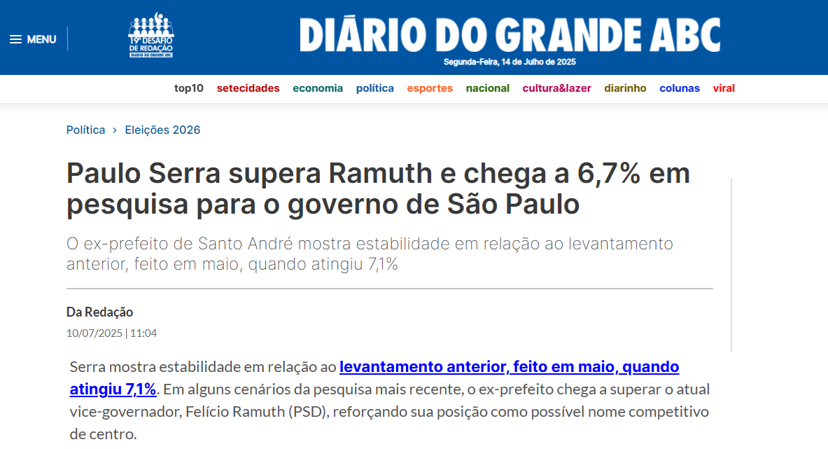 Diário do Grande ABC cita pesquisa realizada pela Paraná Pesquisas no Estado de São Paulo. 2 Diário do Grande ABC cita pesquisa realizada pela Paraná Pesquisas no Estado de São Paulo.
