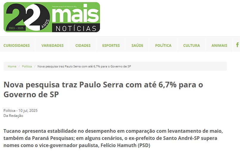 Jornal Mais Notícias cita pesquisa realizada pela Paraná Pesquisas no Estado de São Paulo. 2 Jornal Mais Notícias cita pesquisa realizada pela Paraná Pesquisas no Estado de São Paulo.
