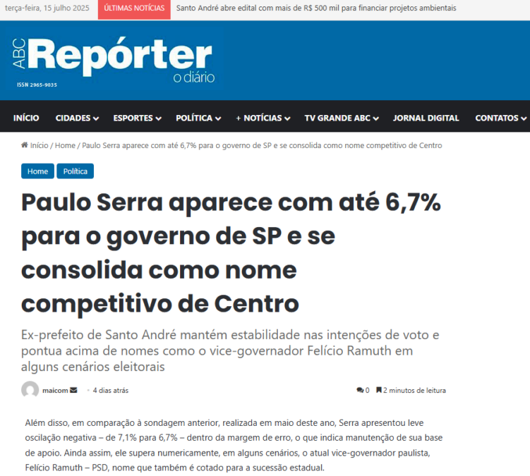 ABC Repórter cita pesquisa realizada pela Paraná Pesquisas no Estado de São Paulo.