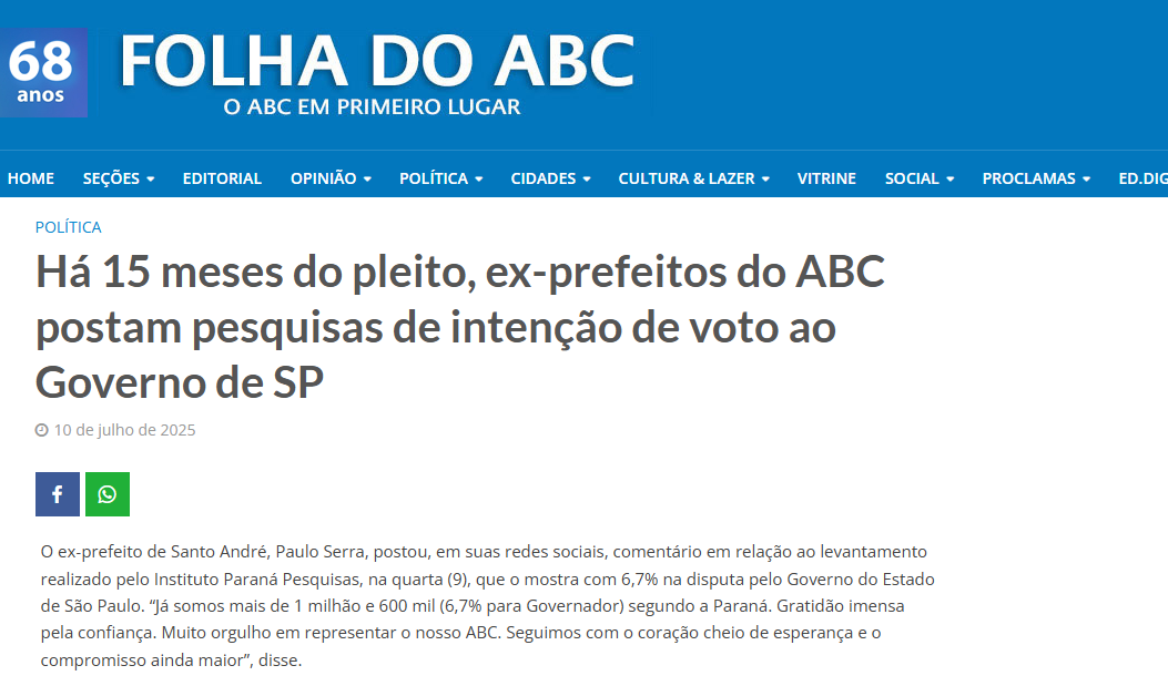 Folha do ABC cita pesquisa realizada pela Paraná Pesquisas no Estado de São Paulo.