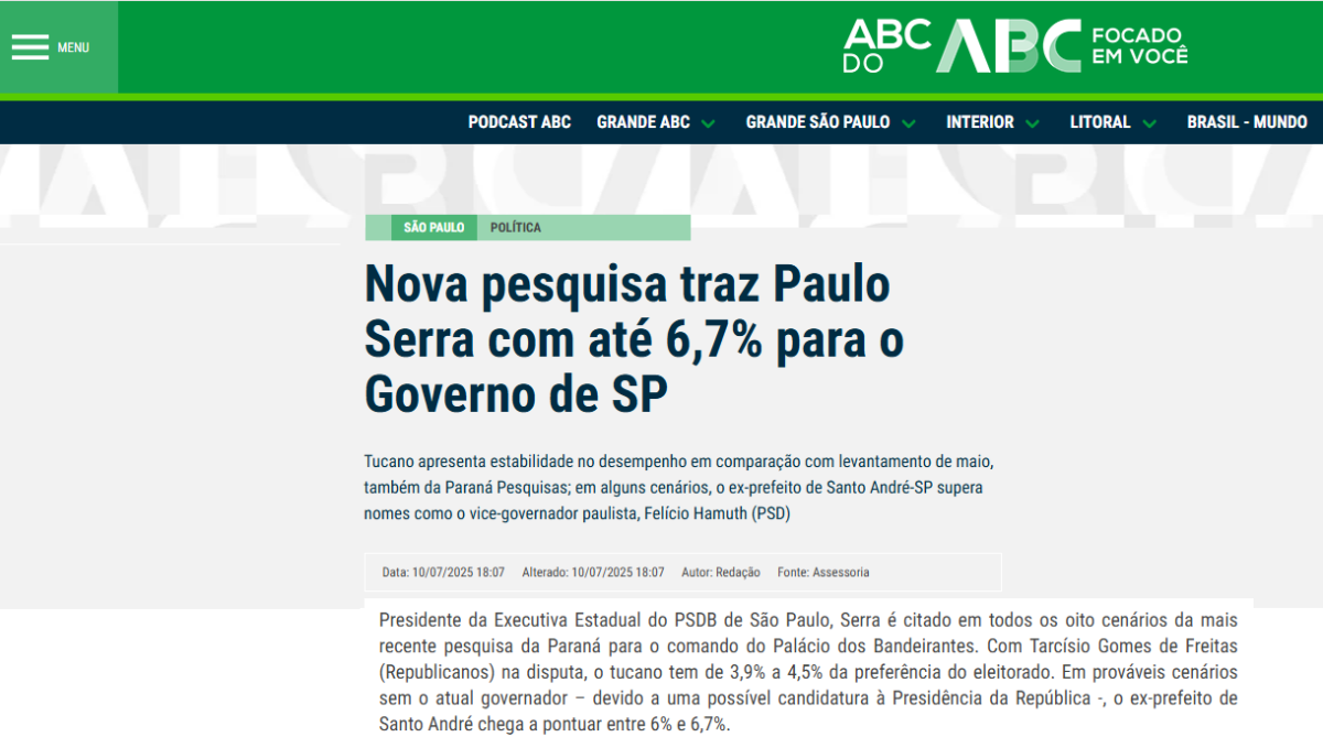 ABC do ABC cita pesquisa realizada pela Paraná Pesquisas no Estado de São Paulo. 2 ABC do ABC cita pesquisa realizada pela Paraná Pesquisas no Estado de São Paulo.