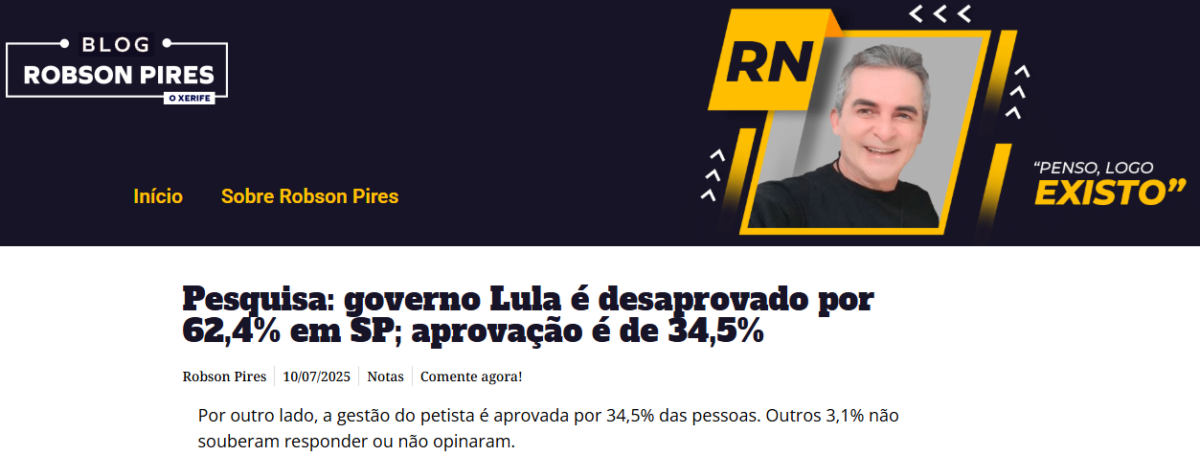 Blog Robson Pires cita pesquisa realizada pela Paraná Pesquisas no Estado de São Paulo. 2 Blog Robson Pires cita pesquisa realizada pela Paraná Pesquisas no Estado de São Paulo.