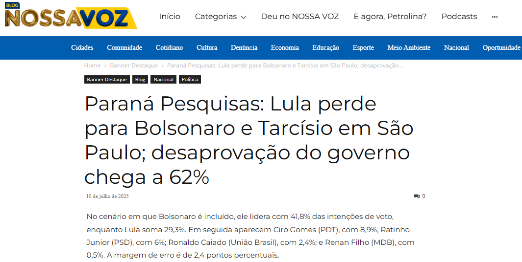 Nossa Voz cita pesquisa realizada pela Paraná Pesquisas no Estado de São Paulo.