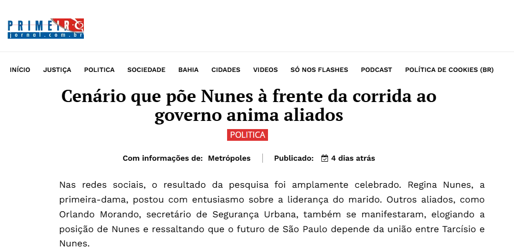 Primeiro Jornal cita pesquisa realizada pela Paraná Pesquisas no Estado de São Paulo.