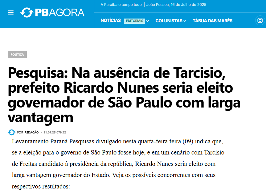 PB Agora cita pesquisa realizada pela Paraná Pesquisas no Estado de São Paulo. 2 PB Agora cita pesquisa realizada pela Paraná Pesquisas no Estado de São Paulo.
