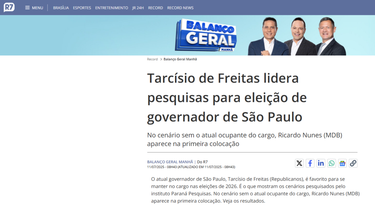 R7 Notícias cita pesquisa realizada pela Paraná Pesquisas no Estado de São Paulo.