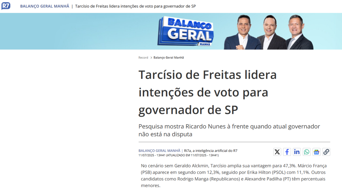 R7 Notícias cita pesquisa realizada pela Paraná Pesquisas no Estado de São Paulo.