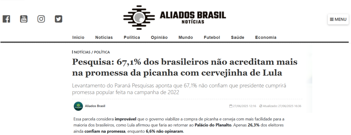 Aliados Brasil cita pesquisa realizada pela Paraná Pesquisas.
