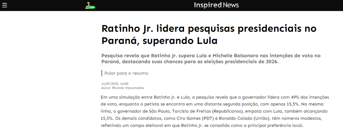 Inspired News cita pesquisa realizada pela Paraná Pesquisas no Estado do Paraná. 2 Inspired News cita pesquisa realizada pela Paraná Pesquisas no Estado do Paraná.