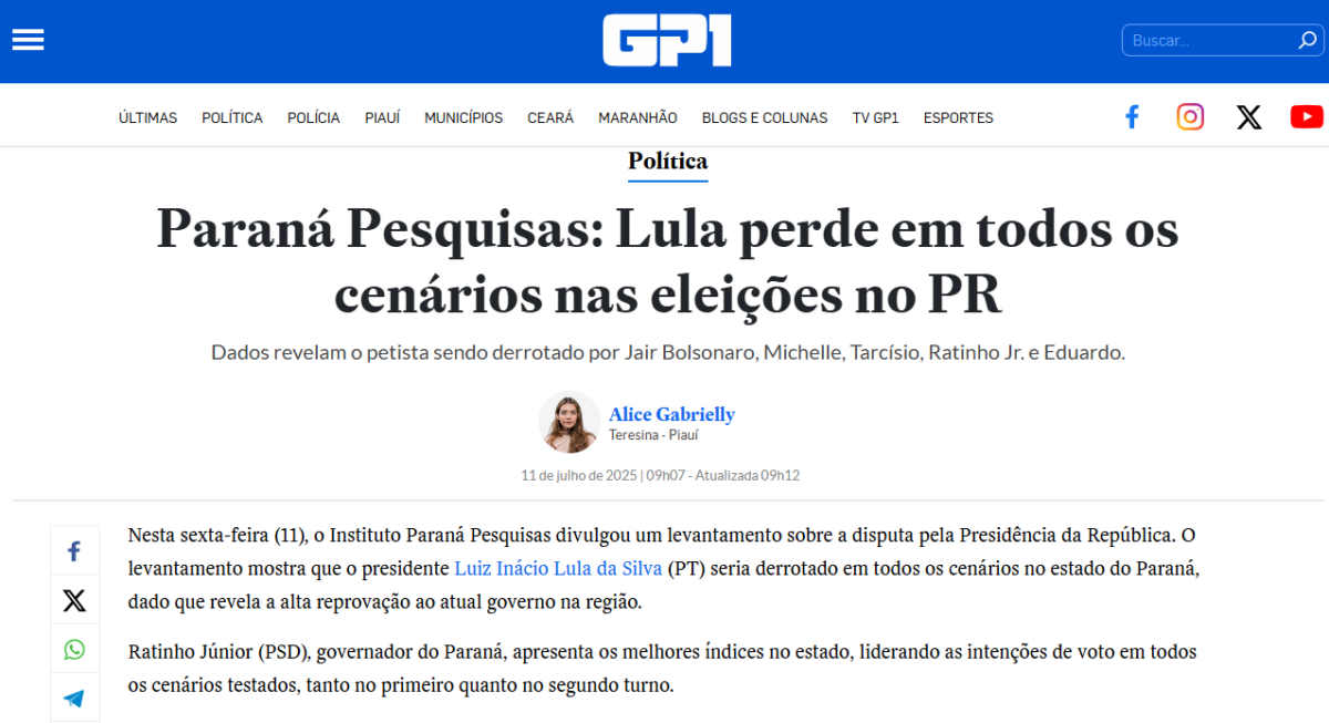 GP1 cita pesquisa realizada pela Paraná Pesquisas no Estado do Paraná.