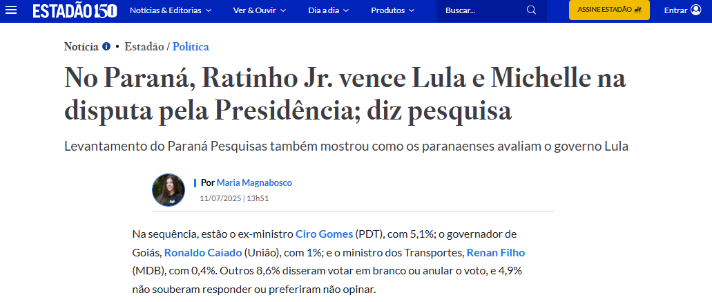 Estadão cita pesquisa realizada pela Paraná Pesquisas no Estado do Paraná.