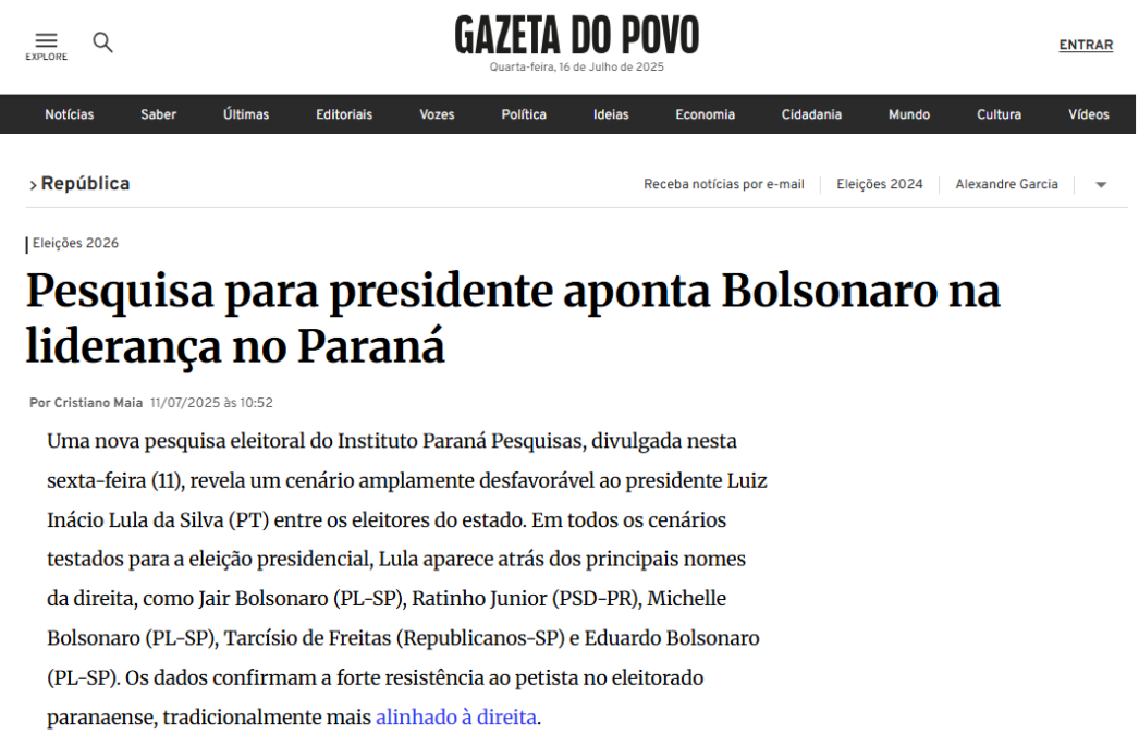 Gazeta do Povo cita pesquisa realizada pela Paraná Pesquisas no Estado do Paraná. 2 Gazeta do Povo cita pesquisa realizada pela Paraná Pesquisas no Estado do Paraná.