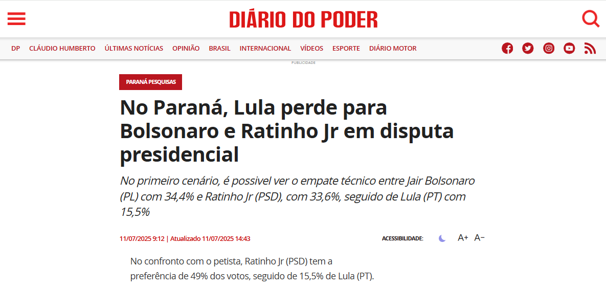 Diário do Poder cita pesquisa realizada pela Paraná Pesquisas no Estado do Paraná. 2 Diário do Poder cita pesquisa realizada pela Paraná Pesquisas no Estado do Paraná.