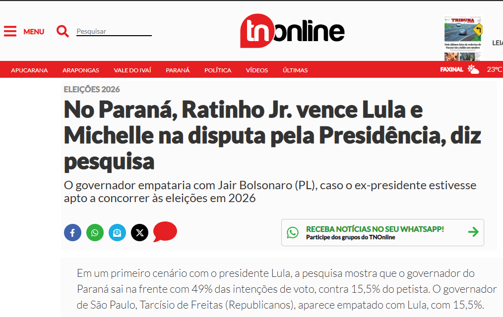 TN Online cita pesquisa realizada pela Paraná Pesquisas no Estado do Paraná. 2 TN Online cita pesquisa realizada pela Paraná Pesquisas no Estado do Paraná.