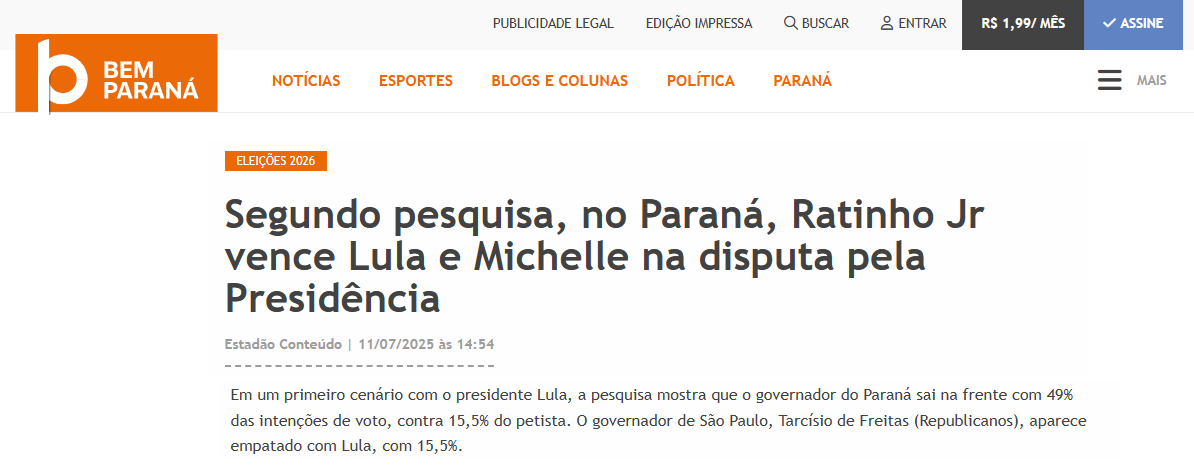Bem Paraná cita pesquisa realizada pela Paraná Pesquisas no Estado do Paraná. 2 Bem Paraná cita pesquisa realizada pela Paraná Pesquisas no Estado do Paraná.