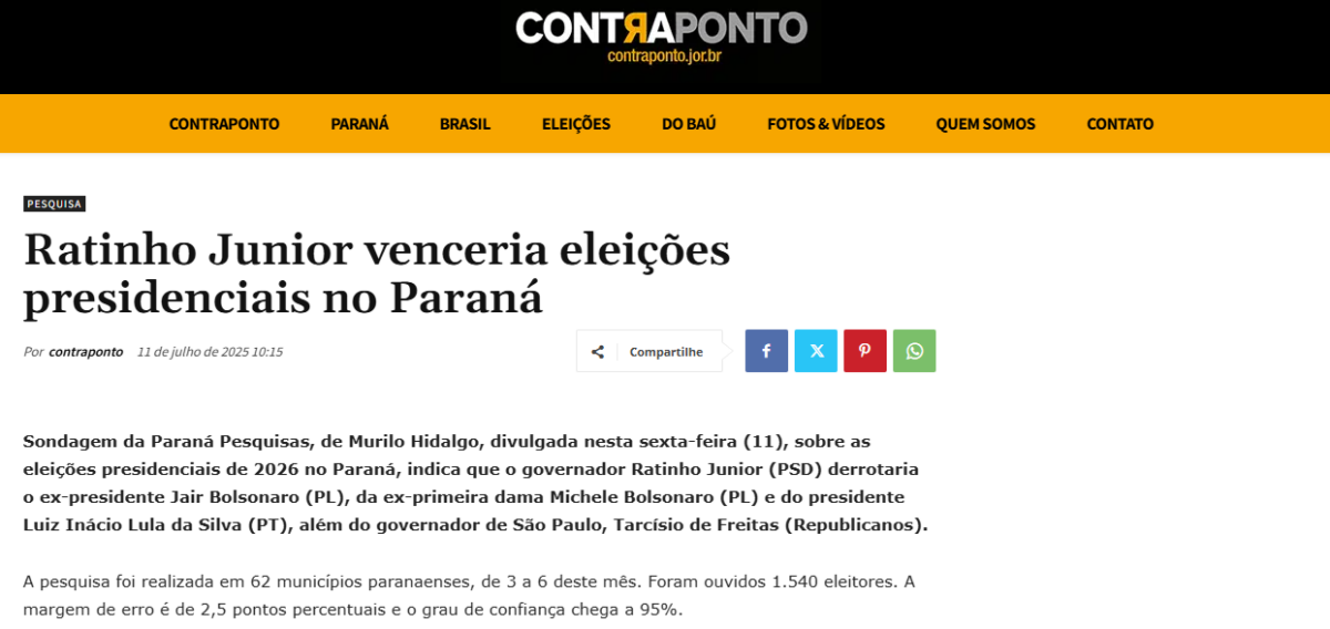 Contra Ponto cita pesquisa realizada pela Paraná Pesquisas no Estado do Paraná. 2 Contra Ponto cita pesquisa realizada pela Paraná Pesquisas no Estado do Paraná.
