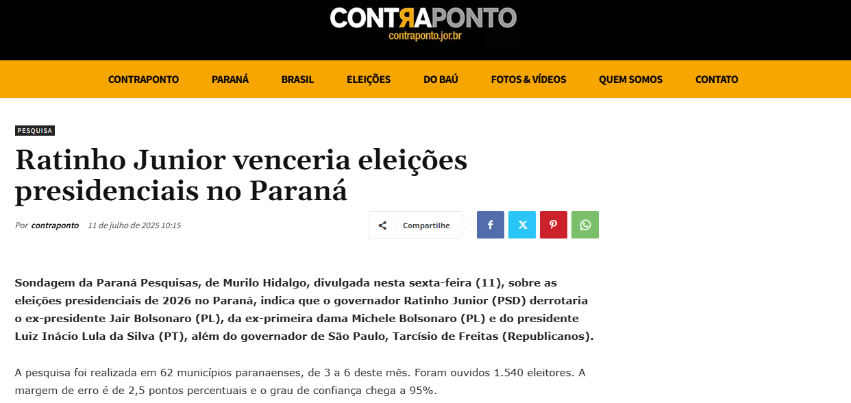 Contra Ponto cita pesquisa realizada pela Paraná Pesquisas no Estado do Paraná. 1 Contra Ponto cita pesquisa realizada pela Paraná Pesquisas no Estado do Paraná.