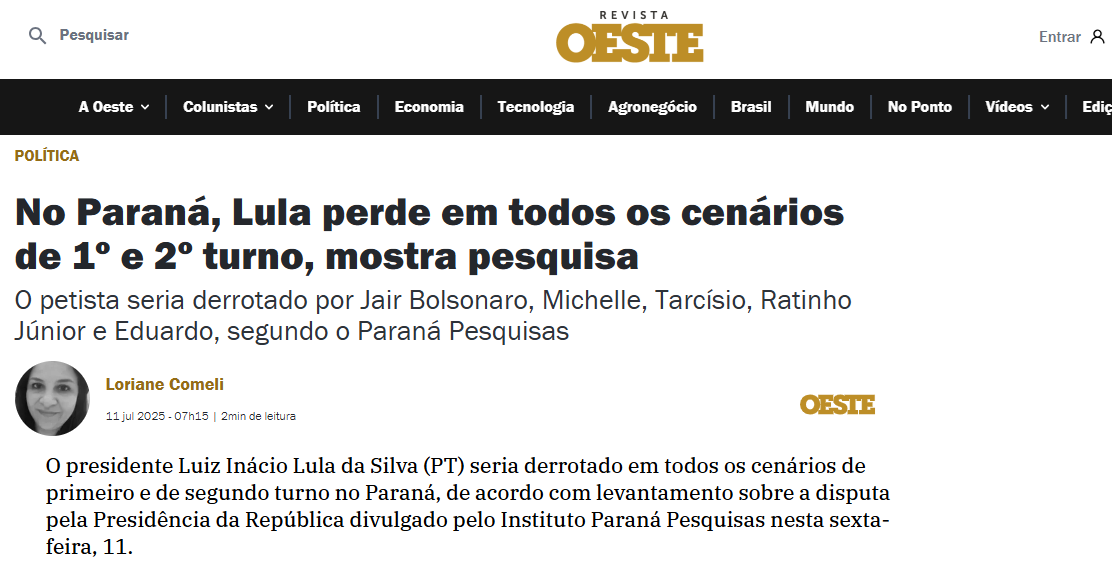 Revista Oeste cita pesquisa realizada pela Paraná Pesquisas no Estado do Paraná. 2 Revista Oeste cita pesquisa realizada pela Paraná Pesquisas no Estado do Paraná.