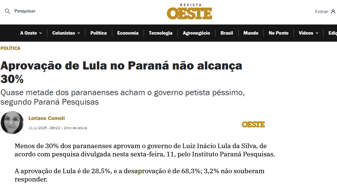 Revista Oeste cita pesquisa realizada pela Paraná Pesquisas no Estado do Paraná. 2 Revista Oeste cita pesquisa realizada pela Paraná Pesquisas no Estado do Paraná.