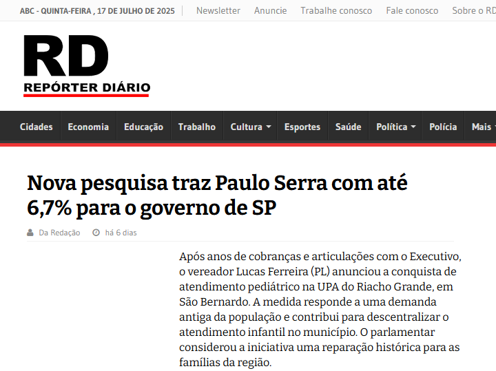 Repórter Diário cita pesquisa realizada pela Paraná Pesquisas no Estado de São Paulo.