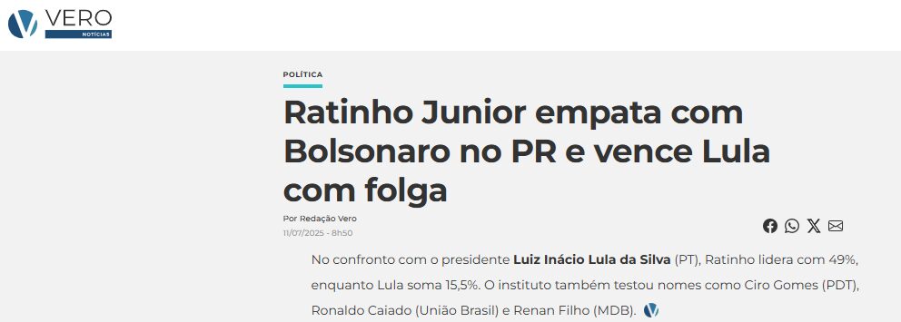 Vero Notícias cita pesquisa realizada pela Paraná Pesquisas no Estado do Paraná.