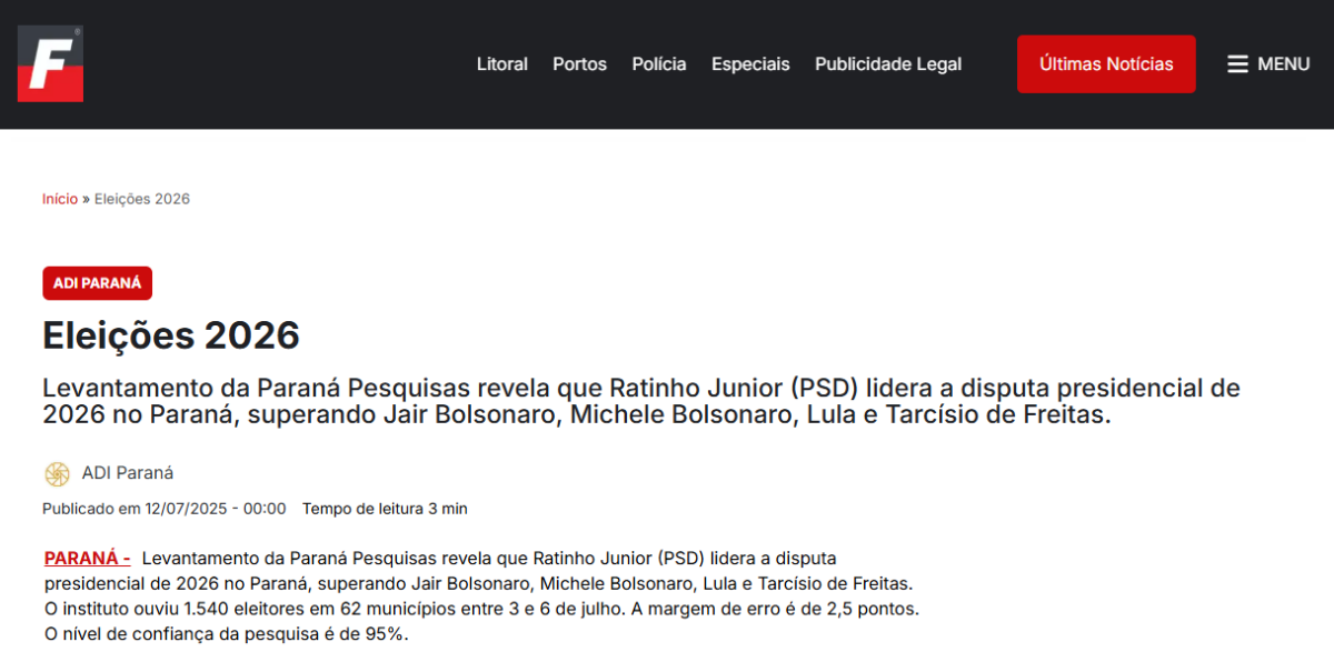 Folha do Litoral cita pesquisa realizada pela Paraná Pesquisas no Estado do Paraná. 2 Folha do Litoral cita pesquisa realizada pela Paraná Pesquisas no Estado do Paraná.