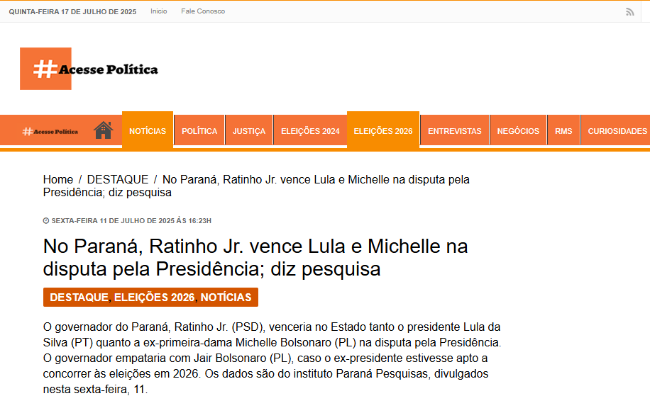 Acesse Política cita pesquisa realizada pela Paraná Pesquisas no Estado do Paraná.