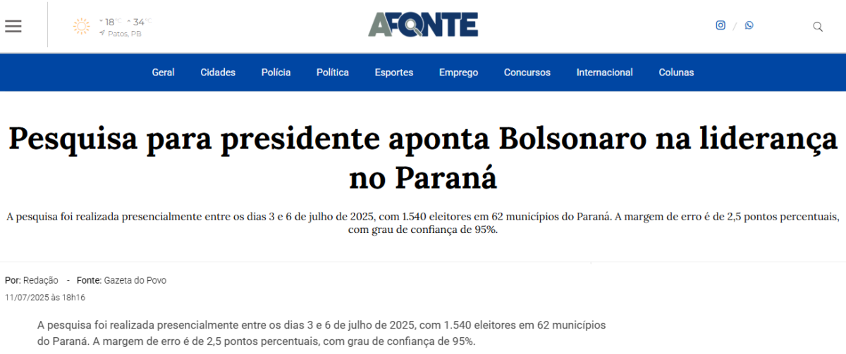 A Fonte cita pesquisa realizada pela Paraná Pesquisas no Estado do Paraná.