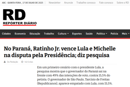 Repórter Diário cita pesquisa realizada pela Paraná Pesquisas no Estado do Paraná.